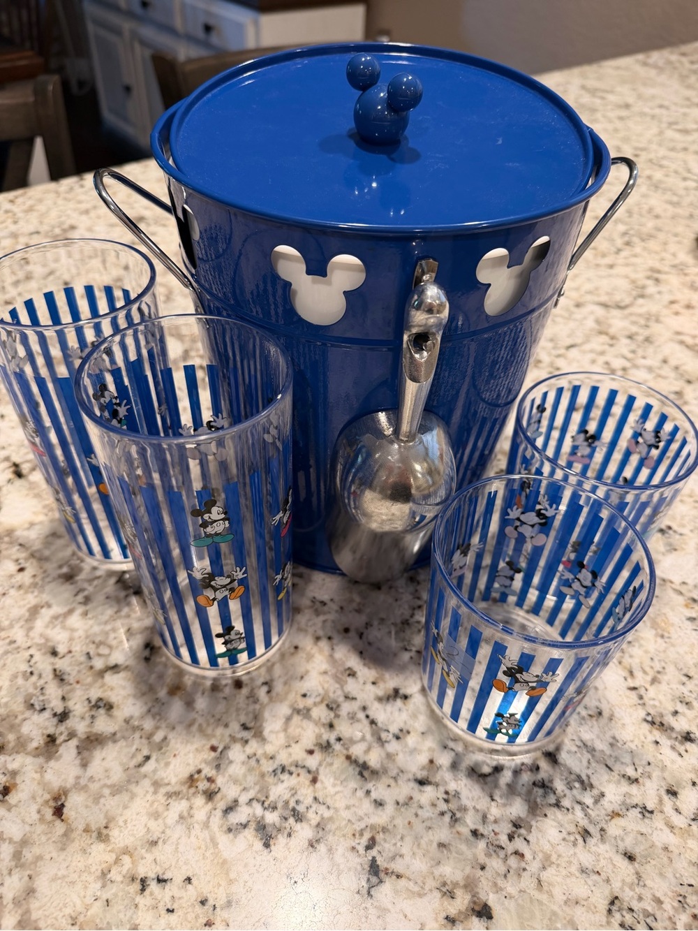 Disney Blue Mickey Mouse Ice Bucket with Matching Striped Glasses